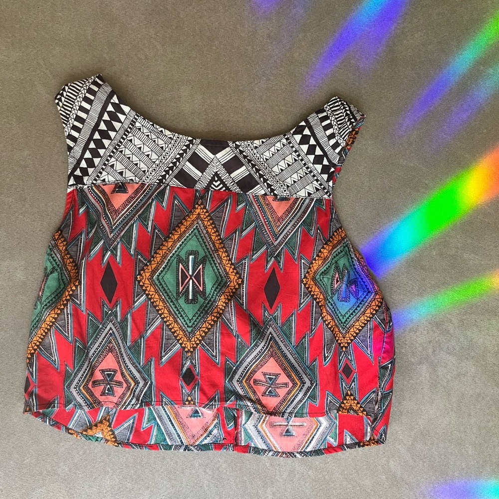 Boho Indie Crop Top Sleeveless Shirt with Button Detail Back Cutout Size Small